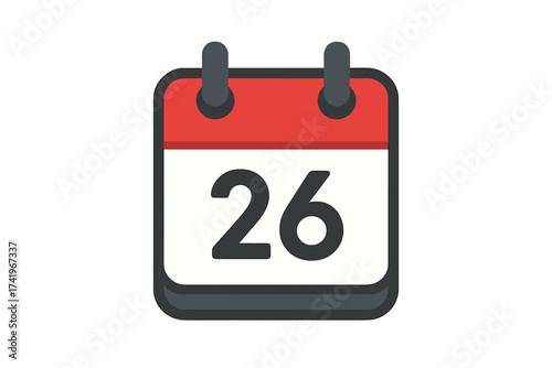 Vector flat design calendar icon showing the 26th day of the month. Date, day of the year, and appointment reminder concept. Organizer, schedule, and planner symbol.