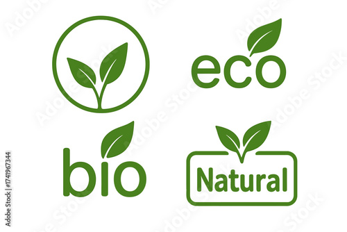 Eco, bio, natural icon set with green leaf. Vector labels for vegan, organic food and cosmetic products. Healthy, fresh food sticker. Ecology and environment symbol collection.