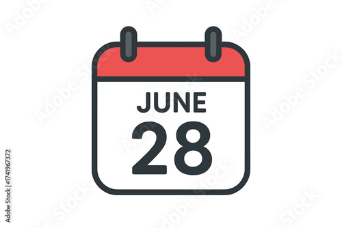June 28 calendar icon. Daily date page symbol. Schedule, appointment, reminder, deadline graphic. Vector illustration for event planner, organizer. Isolated web element design.