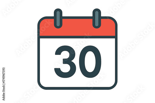 Calendar icon with number 30. Date, day thirty, schedule, appointment, deadline reminder. Vector illustration. Flat design pictogram for web, app, ui. Isolated symbol.