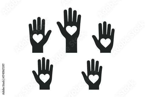 Volunteer hands icon set with love heart. Raised hands for charity, donation, and community support. Vector illustration silhouette for voting, help, and participation concept.