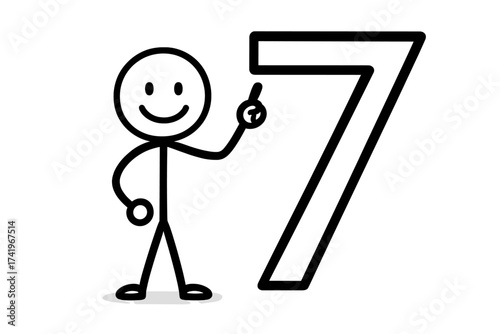 Stickman pointing at number 7. Happy smiling figure shows digit seven. Concept for counting, ranking, lists, steps. Simple vector illustration for education or infographic.