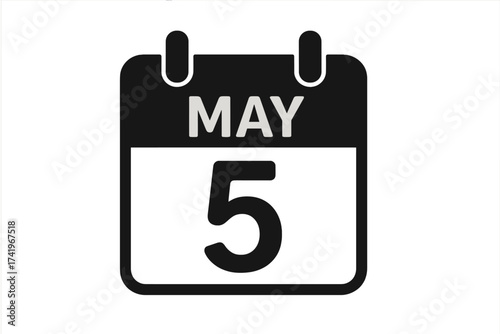 May 5 calendar icon. Cinco de Mayo Mexican holiday celebration. Fifth of May date symbol. Vector for schedule, appointment, reminder, event. Day, month, year graphic.
