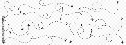 Airplane route vector set: dotted flight path illustration - downloadable graphics for travel and navigation designs on Transparent Background. EPS 10.
