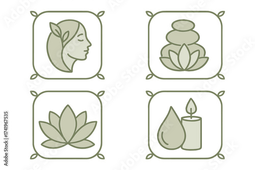 Wellness and spa icon set. Vector logo collection for beauty salon, massage, yoga. Woman face, zen stones, lotus flower, candle, oil drop symbols. Natural therapy concept.
