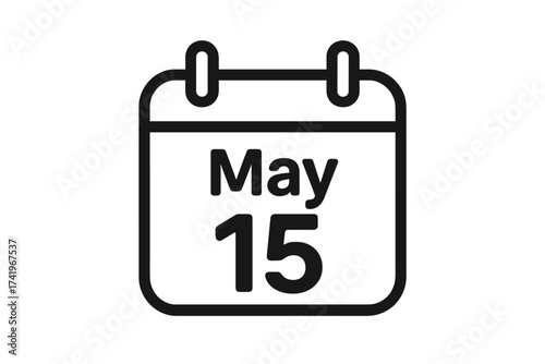 May 15 calendar icon. Vector illustration of a specific date. Symbol for schedule, reminder, appointment, event, or deadline. Day fifteen of May on a planner page graphic.