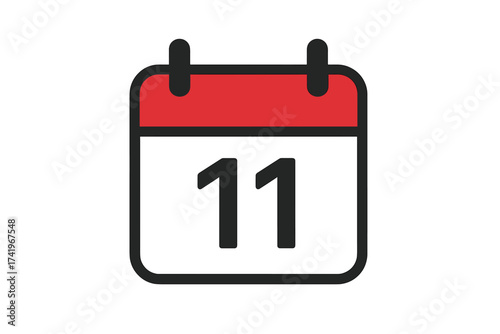 Calendar icon with number 11. Day 11. Date reminder symbol. Eleventh day of the month. Schedule, appointment, event, deadline concept. Planner graphic vector illustration.