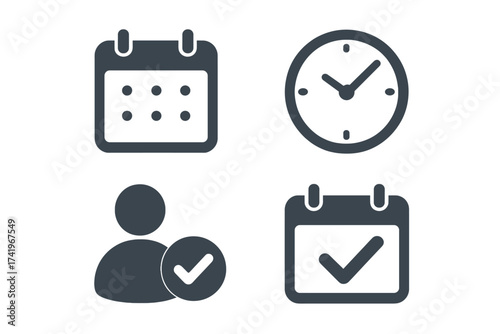 Appointment schedule icon set. Calendar and clock symbols. User confirmation check mark. Time management and event planning vector signs. Booking and reminder pictograms.