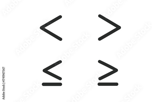 Inequality math signs vector icon set. Less than, greater than or equal to symbols. Mathematical comparison, logic, algorithm symbols. Minimalistic flat design element.