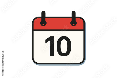 Calendar icon with number 10. Day ten of the month. Date symbol for schedule, appointment, reminder, and event planning. Isolated vector illustration for web and print.