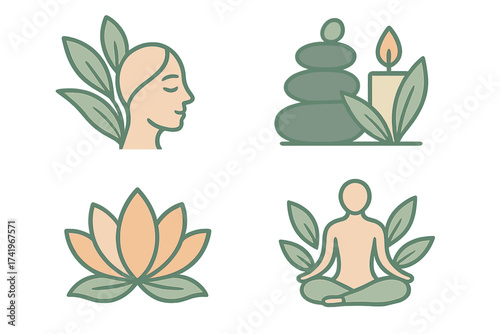 Wellness and spa icon set for beauty and relaxation. Vector symbols of meditation, yoga, zen stones, lotus flower, and woman face. Natural therapy and mindful concepts.