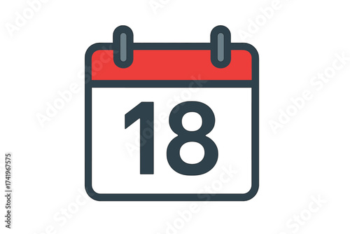 Calendar icon with the number 18. Eighteenth day of the month. Date and time symbol for agenda, schedule, appointment, or event. Isolated vector illustration on white.