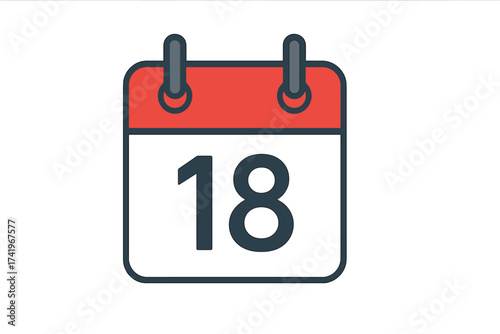 Eighteenth of the month calendar icon. Day 18. Date symbol. Schedule, agenda, appointment, event reminder. Vector illustration. Isolated flat design graphic element.
