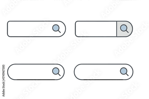 Search bar vector set. User interface element for website design and mobile app development. Search box with magnifying glass icon. Find query, navigation button graphic.