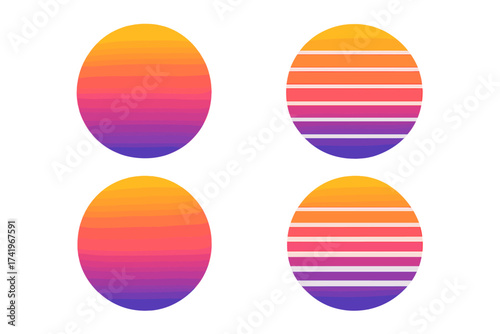 Set of retro sunset circles in 80s synthwave style. Striped sun gradient design. Abstract geometric vaporwave logo element. Futuristic summer sea sunrise vector icon collection.