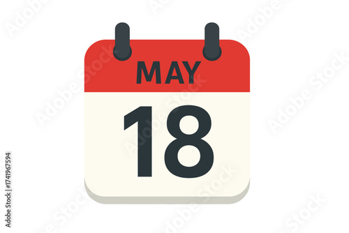 May 18, calendar icon for the eighteenth day of the month. Date and month symbol for schedule, appointment, or event. Daily planner vector illustration with flat design.