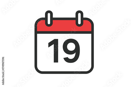 Calendar icon with the number 19. Date, day nineteen. Schedule, appointment, reminder, deadline symbol. Event planner, organizer pictogram. Simple flat vector illustration.