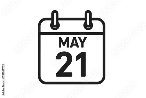 May 21 calendar icon. Simple line vector for date, day, and month. Schedule, event, appointment, and reminder symbol. Isolated graphic on a transparent background.