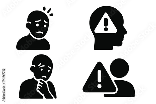 Mental health warning icon set. Concepts of anxiety, stress, depression, fear, and panic attacks. Person with sad face and head silhouette with an attention sign inside.