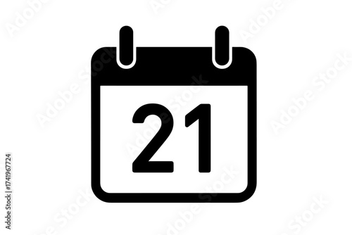 Calendar icon with number 21. Date, day twenty-one symbol. Schedule, appointment, reminder, deadline concept. Time management pictogram. Vector graphic element for design.