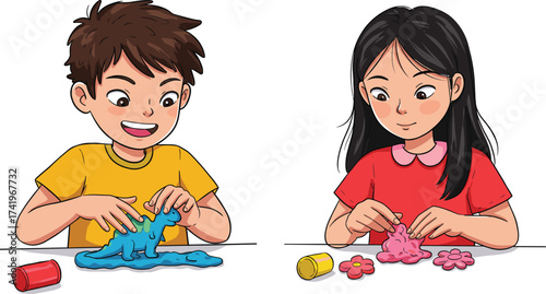 Children playing with modeling clay, boy sculpting blue dinosaur, girl crafting pink bunny and flowers, creative kids art activity, colorful clay, learning, imagination
