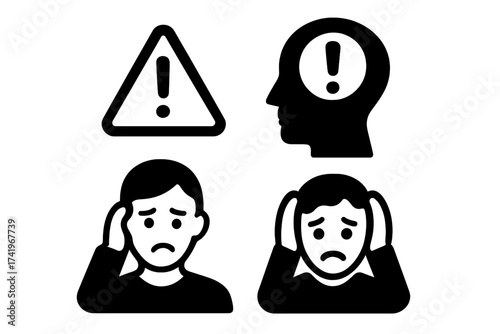 Mental health crisis icon set. Stress, anxiety, and depression symbols. Psychology concept of panic attack, headache, fear, and emotional pain. Warning alert sign vector.