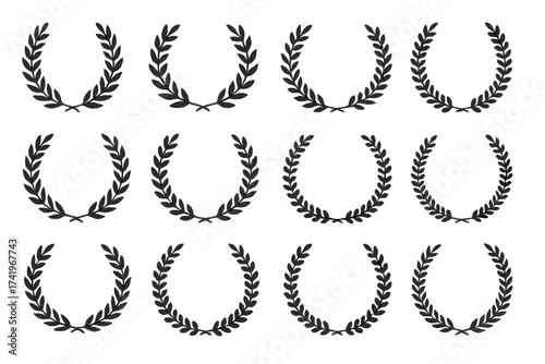 Set of black laurel wreath vector icons. Collection of circular foliate wreaths for award, victory, quality seal, and certificate design. Symbol of honor, achievement, nobility.