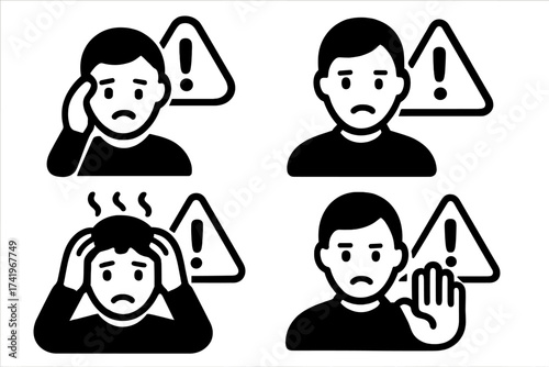 Stress and anxiety icon set. Man with warning sign. Mental health problem, burnout, depression concept. Headache, frustration, panic attack. Alert, error, danger symbol.