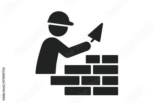 Construction worker building a brick wall. Bricklayer or mason with trowel. Symbol of building, labor, and industry. Builder in helmet pictogram for construction concepts.