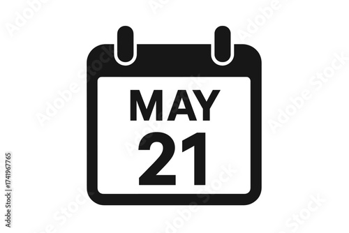 May 21 calendar page icon. Simple date symbol for the twenty-first of May. Vector illustration for schedule, appointment, reminder, and deadline. Organizer, planner graphic.