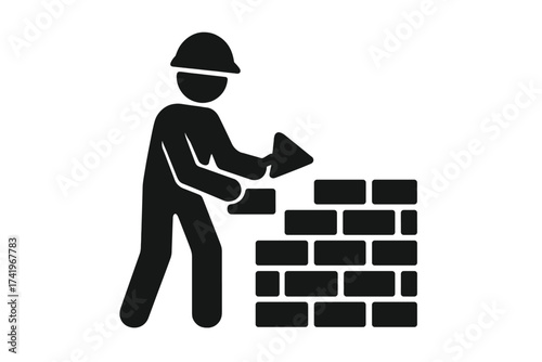 Construction worker building a brick wall icon. Bricklayer with trowel and hard hat. Masonry and building concept. Foundation, development, growth. Labor symbol vector.