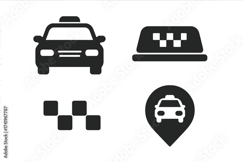 Taxi sign icon set. Cab car service symbol vector illustration. Public transport concept with location pin, destination marker, checkerboard pattern for ride-hailing app.
