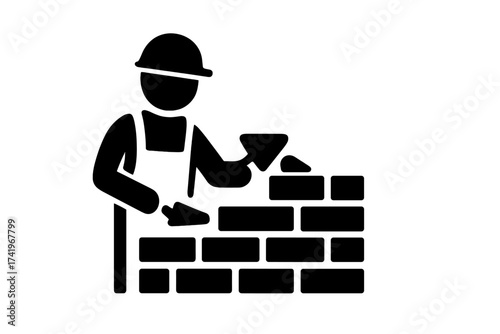 Bricklayer building wall vector icon. Construction worker, mason with trowel working on masonry. Symbol for building, home improvement, renovation, construction industry.