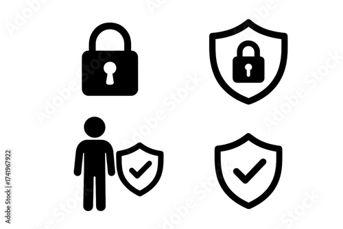 Locked security and protection vector set. Stickman with security shield symbol. Data privacy concept. Cybersecurity icon. User authentication, safety, and verification badge.