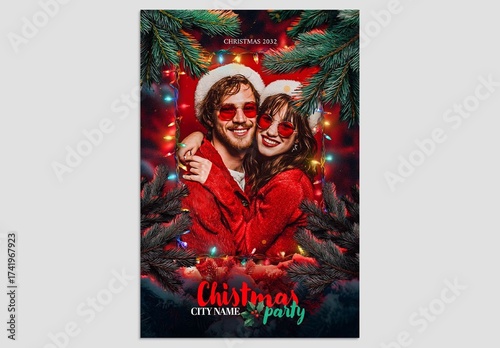 Christmas Flyer Template with Festive Christmas Tree & Fairy Lights Scene