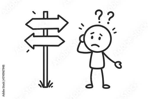 Lost confused stick figure at crossroads making a choice. Doodle character with question marks facing a signpost. Metaphor for dilemma, uncertainty, business decision, problem.
