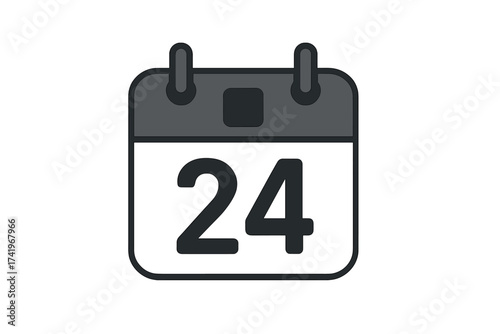 Daily calendar icon with the number 24. Date, time, day, month concept. Schedule, planner, agenda symbol. Appointment reminder. Event deadline and time management pictogram.