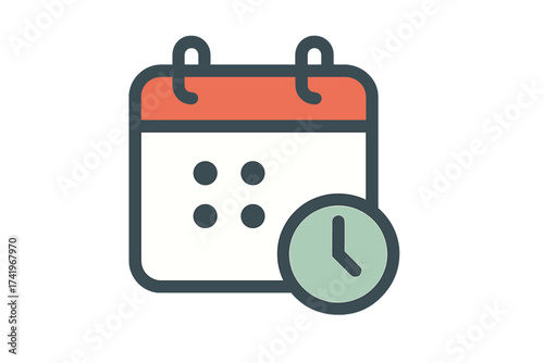 Calendar and clock flat icon. Appointment schedule, time management, and date planning concept. Event reminder, deadline, and agenda symbol. Vector graphic for business.