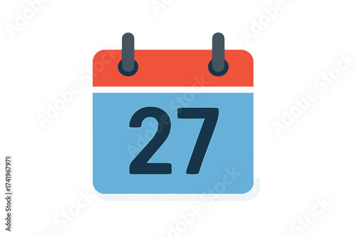 Calendar icon with number 27. Day twenty-seven. Date, schedule, appointment, reminder, planner symbol. Vector illustration isolated. Flat design for web and mobile apps.