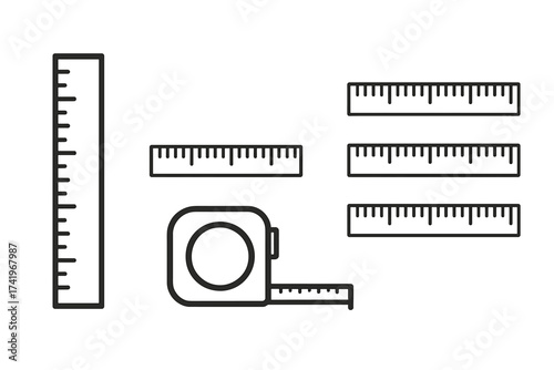 Measuring scale vector icon set. Ruler and tape measure line art symbols. Measurement equipment for length, distance, size. School, engineering, construction tool. Precision accuracy.