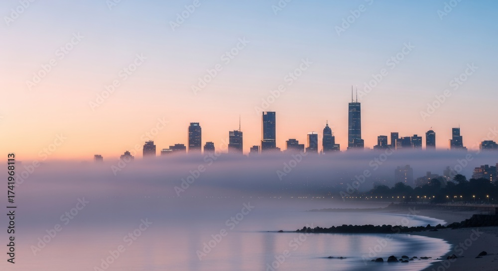 Obraz premium Skyline of tall structures rising above a thick fog layer reflecting on calm coastal waters under a pastel gradient sky with a visible shoreline