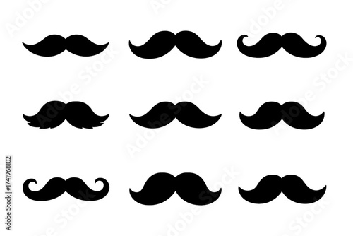 Mustache icon set. Moustache silhouette collection. Vector graphic element for barbershop. Gentleman, hipster, retro style. Facial hair design. Man face character kit.
