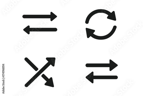 Transfer and exchange arrow icon set. Vector symbols for data transfer, refresh, reload, sync, and shuffle. Minimalist glyph collection for UI, UX, and web design.