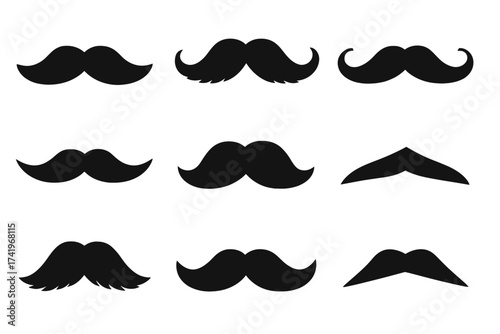 Mustache icon set. Moustaches vector collection. Retro black silhouette gentlemen facial hair. Different funny vintage and hipster styles for barbershop or party props.
