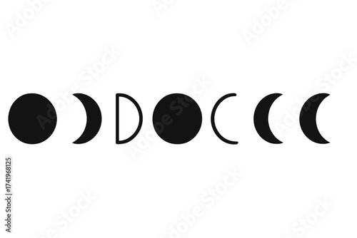 Moon phases vector icon set for minimalist tattoo design. Lunar cycle illustration. Celestial astrology concept. Black silhouette shapes for witchcraft, spiritual, or esoteric logo.