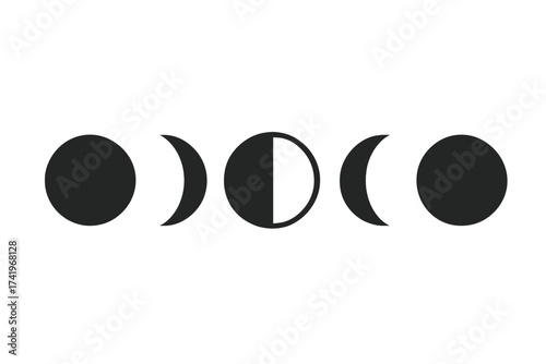 Moon phases illustration for tattoo design. Lunar cycle vector icon set. Celestial, astrology, esoteric, spiritual, magic, witchcraft symbol collection. Black silhouette shapes.