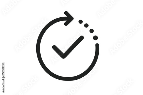 Update complete icon. System process success. Arrow refresh loader with check mark. Verified, approved, done concept. Software development symbol. Upgrade vector illustration.