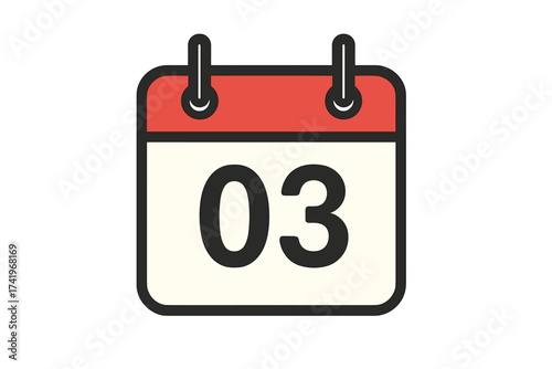 Calendar icon with date 3. Third day of the month. Daily schedule, event reminder, appointment, agenda, deadline sign. Vector graphic illustration for web or app in a simple flat style.