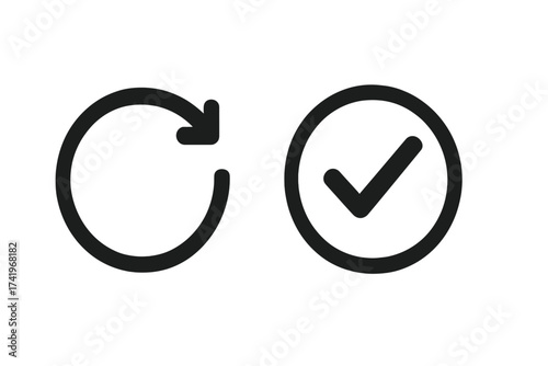 Update complete icon set. Refresh arrow and success check mark. System data loading, sync process approved. Software development symbol. Reload and verified vector button.