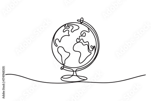 Globe in single line drawing style simple world map outline vector for contemporary design
